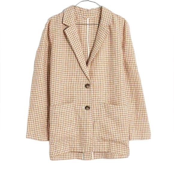 Madewell Linen Dorset Gingham Tan Cream Boyfriend Blazer NWTs size medium - Picture 1 of 12